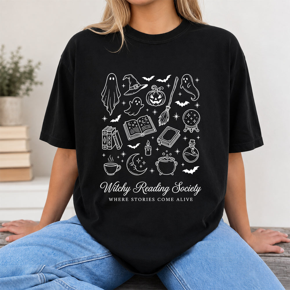 Witchy Reading Society Printed T-Shirt | Halloween Reader Gift Black