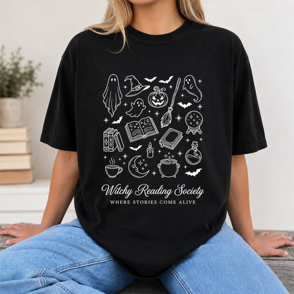 Witchy Reading Society Printed T-Shirt | Halloween Reader Gift Black