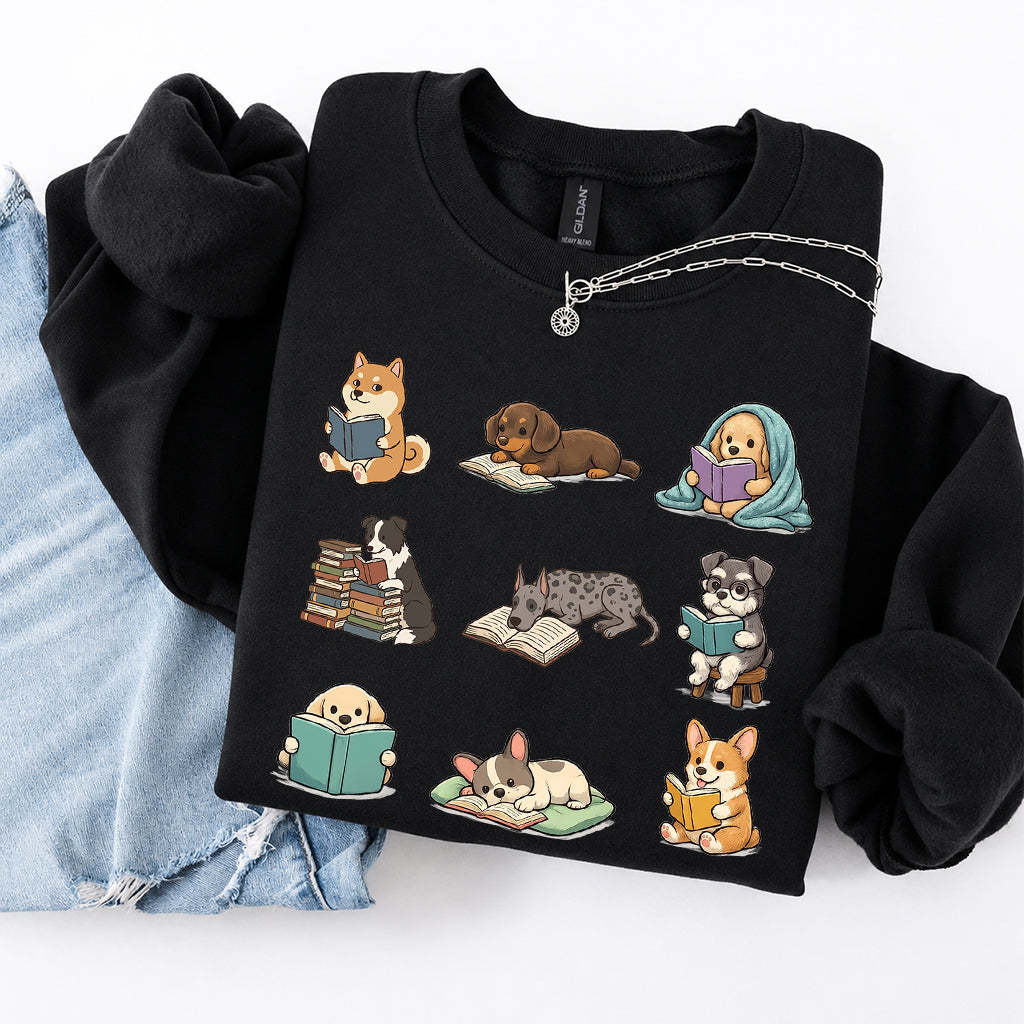 Funny Dogs Reading Crewneck Sweatshirt | Reader Gift Black