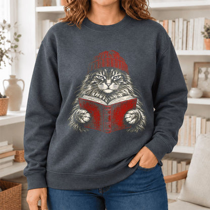 Vintage Reading Cat Maine Coon Softstyle Sweatshirt | Christmas Book Lover Gift Dark Heather
