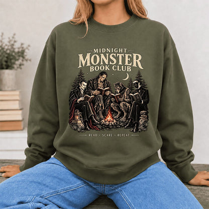Midnight Monster Book Club Printed Sweatshirt | Halloween Book Lover Gift Military Green
