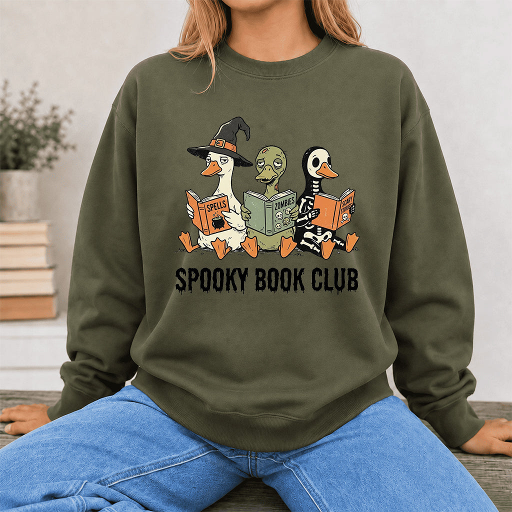 Spooky Book Club Printed Sweatshirt | Halloween Book Lover Gift Military Green