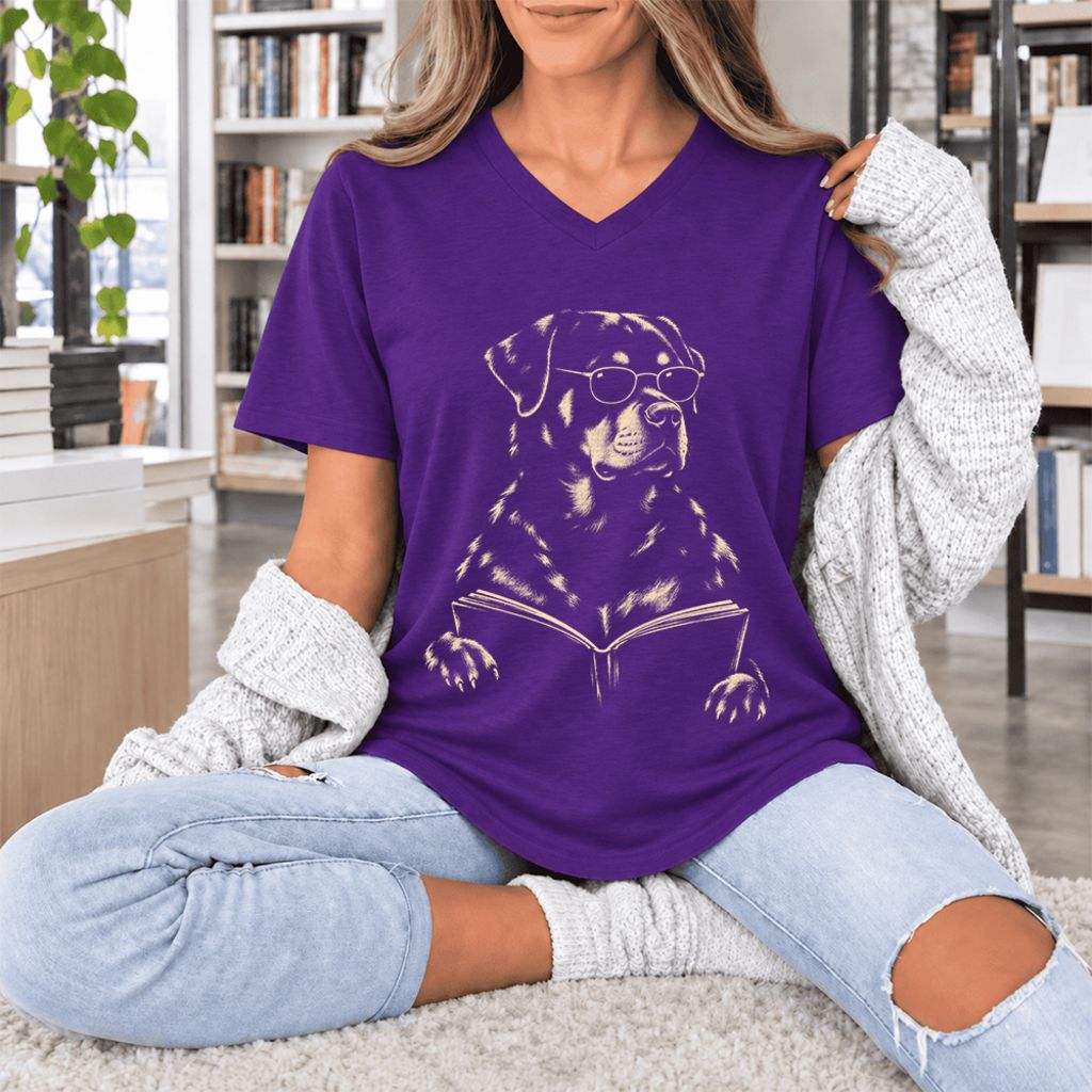 Rottweiler Reading Book Ultra-Soft V-Neck | Dog Mom Reader Gift Team Purple