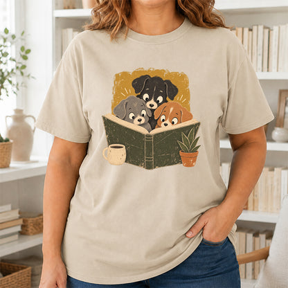 Minimal Japanese Dogs Reading Softstyle T-Shirt | Book Lover Gift Sand