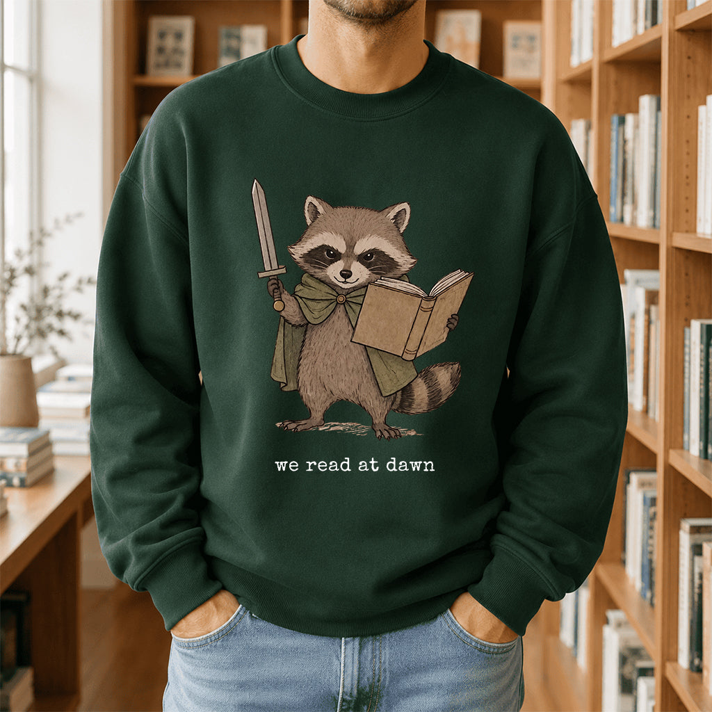 Raccoon We Read At Dawn Crewneck Sweatshirt | Reader Gift Forest Green