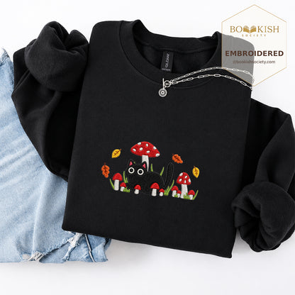 Mushroom Cat Embroidered Sweatshirt | Reader Gift Black