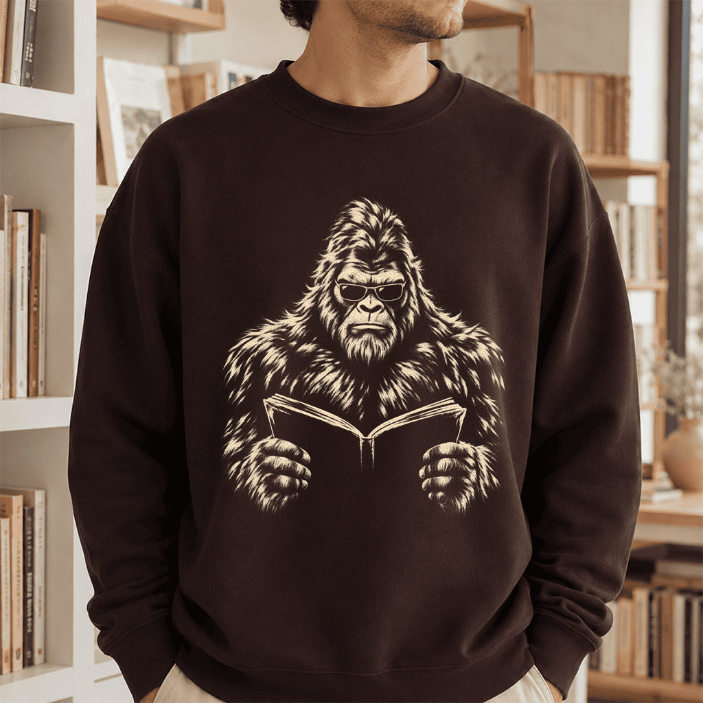 Big Foot Reading Book Crewneck Sweatshirt | Reader Gift Dark Chocolate