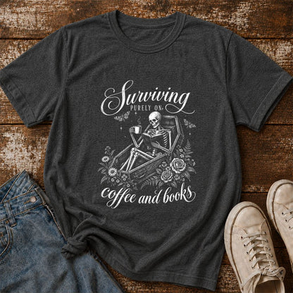 Surviving Purely On Coffee And Books Printed T-Shirt | Halloween Book Lover Gift Dark Heather