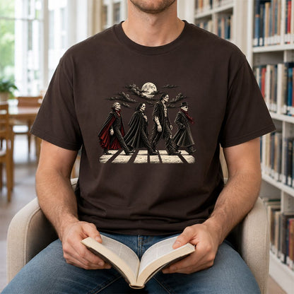 Monsters Road Printed T-Shirt | Halloween Book Lover Gift Dark Chocolate