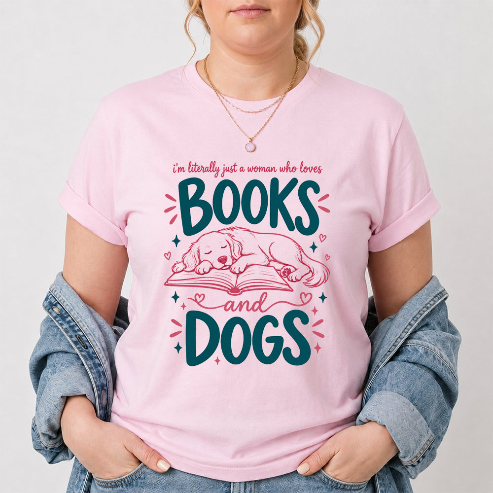 Just A Woman Who Loves Books and Dogs Cotton T-Shirt | Dog Lover & Reader Gift Light Pink