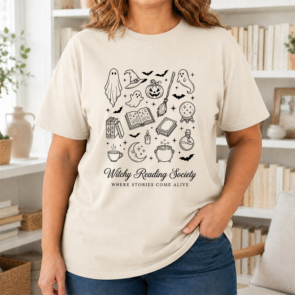 Witchy Reading Society Printed T-Shirt | Halloween Reader Gift Natural