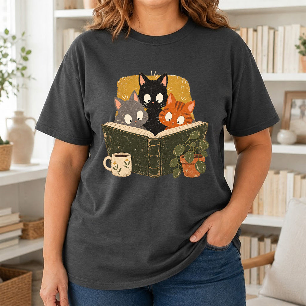 Minimal Japanese Cats Reading Softstyle T-Shirt | Book Lover Gift Dark Heather