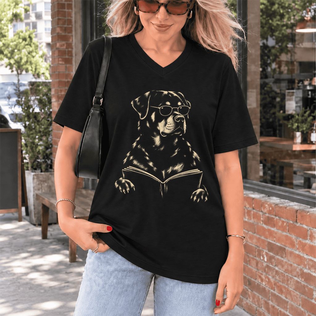 Rottweiler Reading Book Ultra-Soft V-Neck | Dog Mom Reader Gift Black
