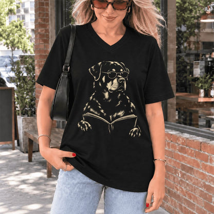 Rottweiler Reading Book Ultra-Soft V-Neck | Dog Mom Reader Gift Black