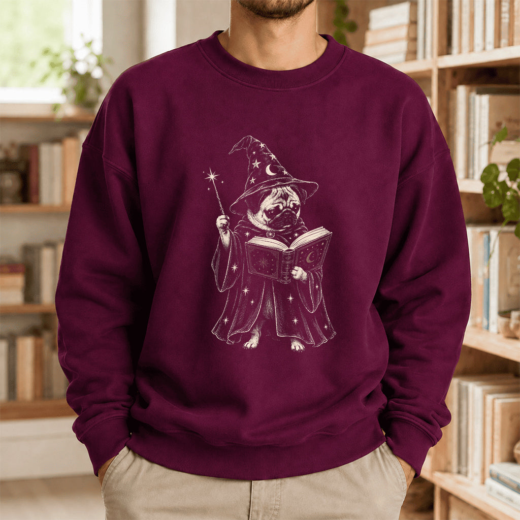 Cute Pug Witch Reading Book Printed Sweatshirt | Halloween Book Lover Gift Maroon