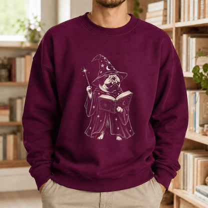 Cute Pug Witch Reading Book Printed Sweatshirt | Halloween Book Lover Gift Maroon
