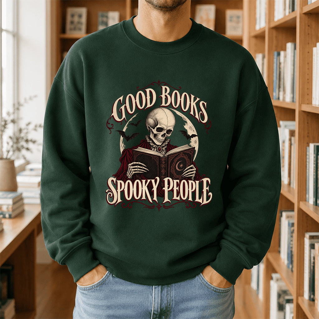Good Books Spooky People Printed Sweatshirt | Halloween Book Lover Gift Forest Green