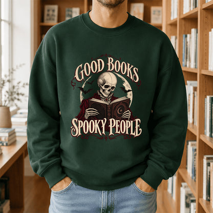 Good Books Spooky People Printed Sweatshirt | Halloween Book Lover Gift Forest Green