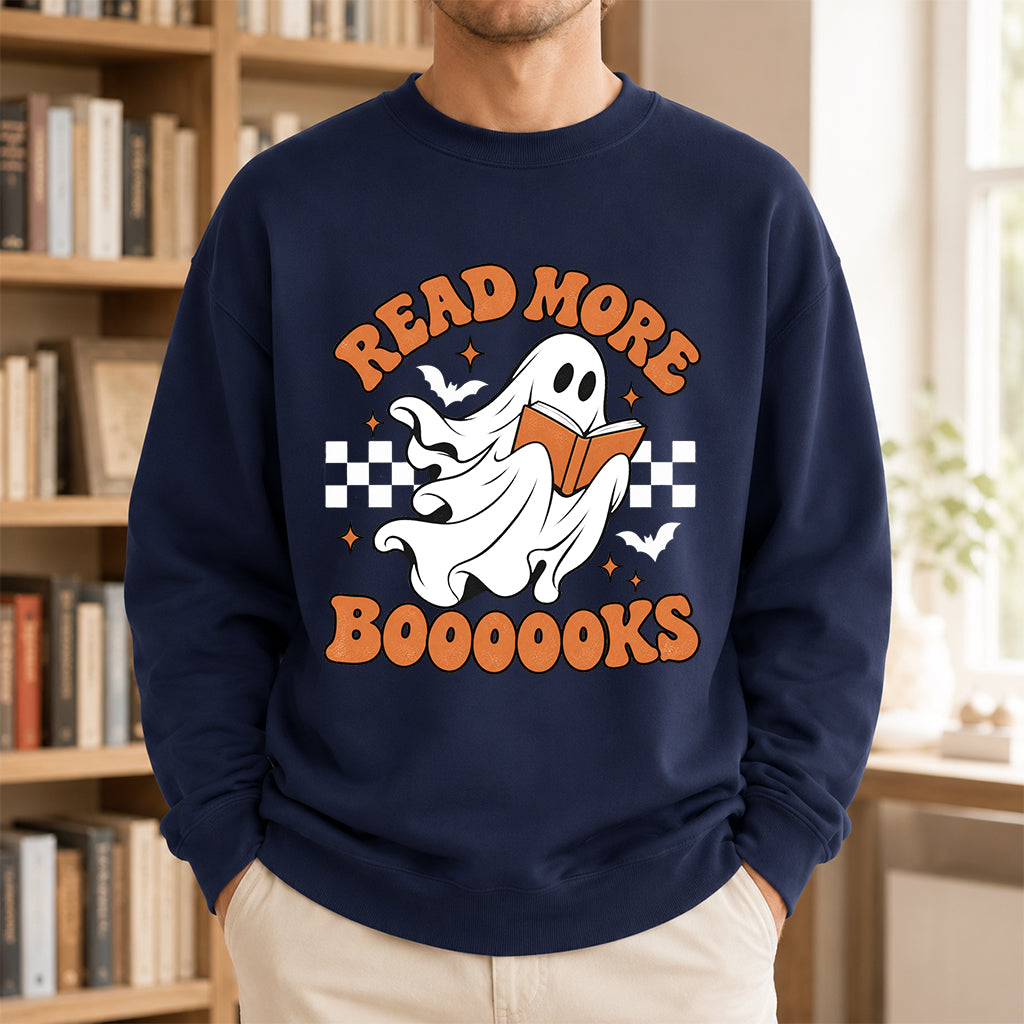 Read More Books Ghost Printed Sweatshirt | Halloween Book Lover Gift Navy