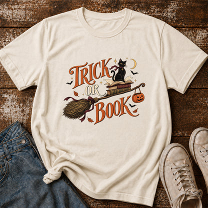 Trick Or Book Black Cat Printed T-Shirt | Halloween Book Lover Gift Natural