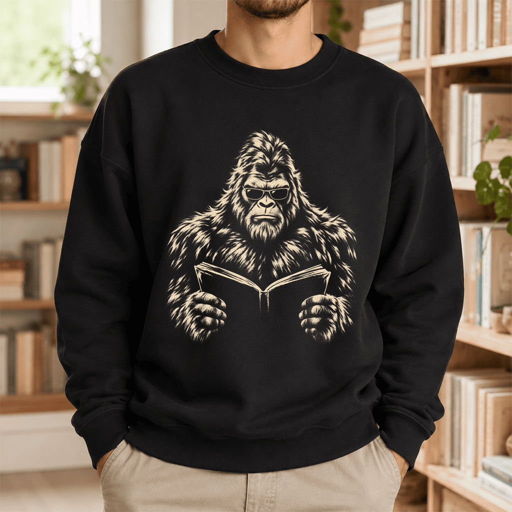 Big Foot Reading Book Crewneck Sweatshirt | Reader Gift Black