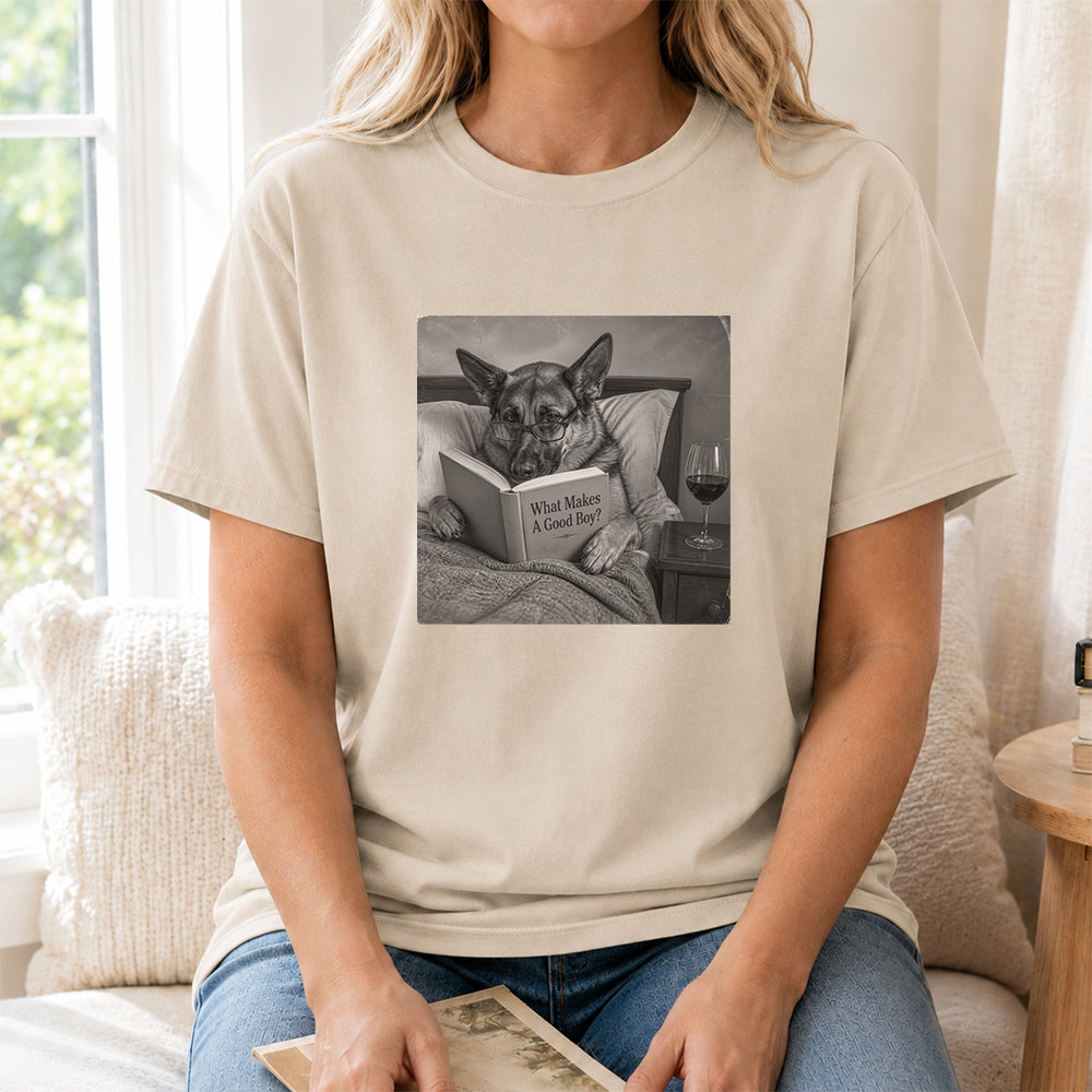 What Makes A Good Boy Printed T-Shirt | Cozy German Shepherd Mom Reader Gift Sand