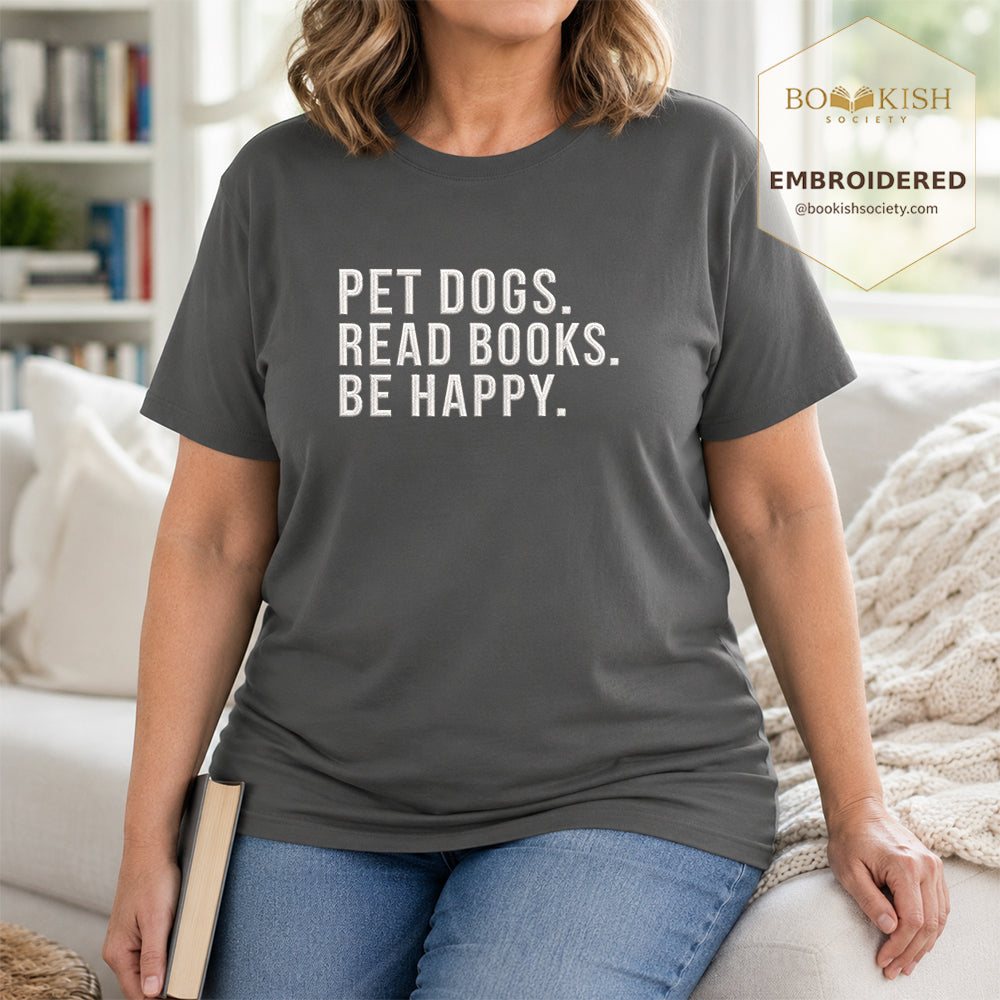 Pet Dogs Read Books Be Happy Embroidered Comfort Color® T-shirt | Book Lover Gift Pepper