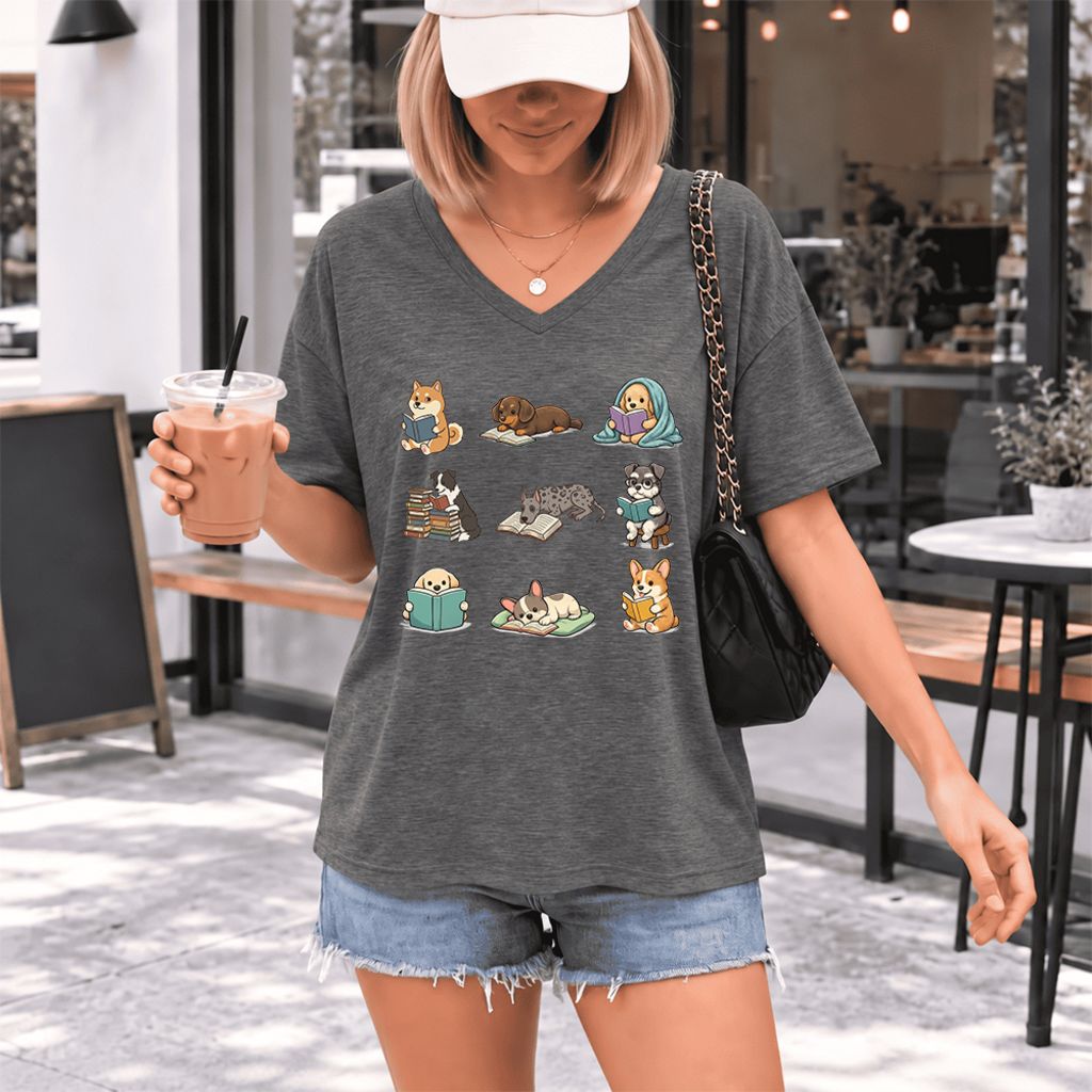 Funny Reading Dogs Ultra-Soft V-Neck | Dog Mom Reader Gift Deep Heather