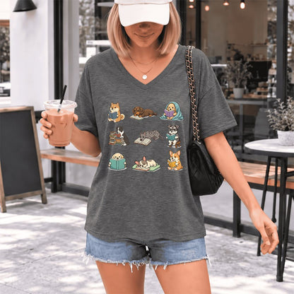 Funny Reading Dogs Ultra-Soft V-Neck | Dog Mom Reader Gift Deep Heather
