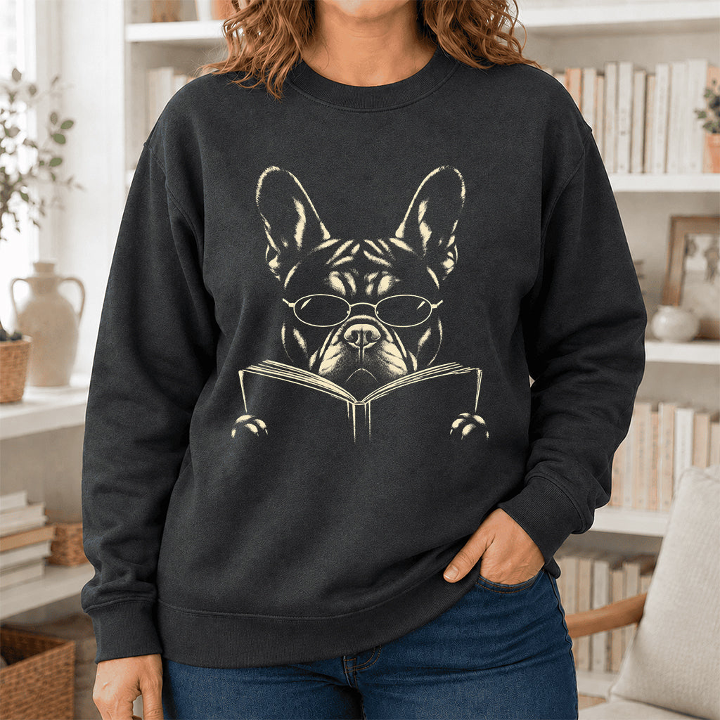 French Bulldog Reading Book Crewneck Sweatshirt | Reader Gift Dark Heather