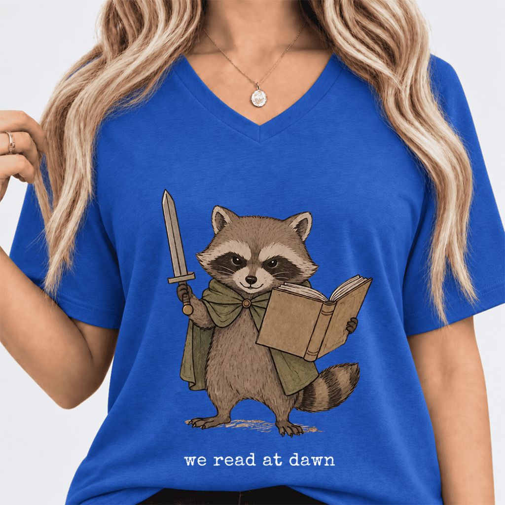 We Read At Dawn Funny Racoon Ultra-Soft V-Neck | Cozy Book Lover Gift True Royal