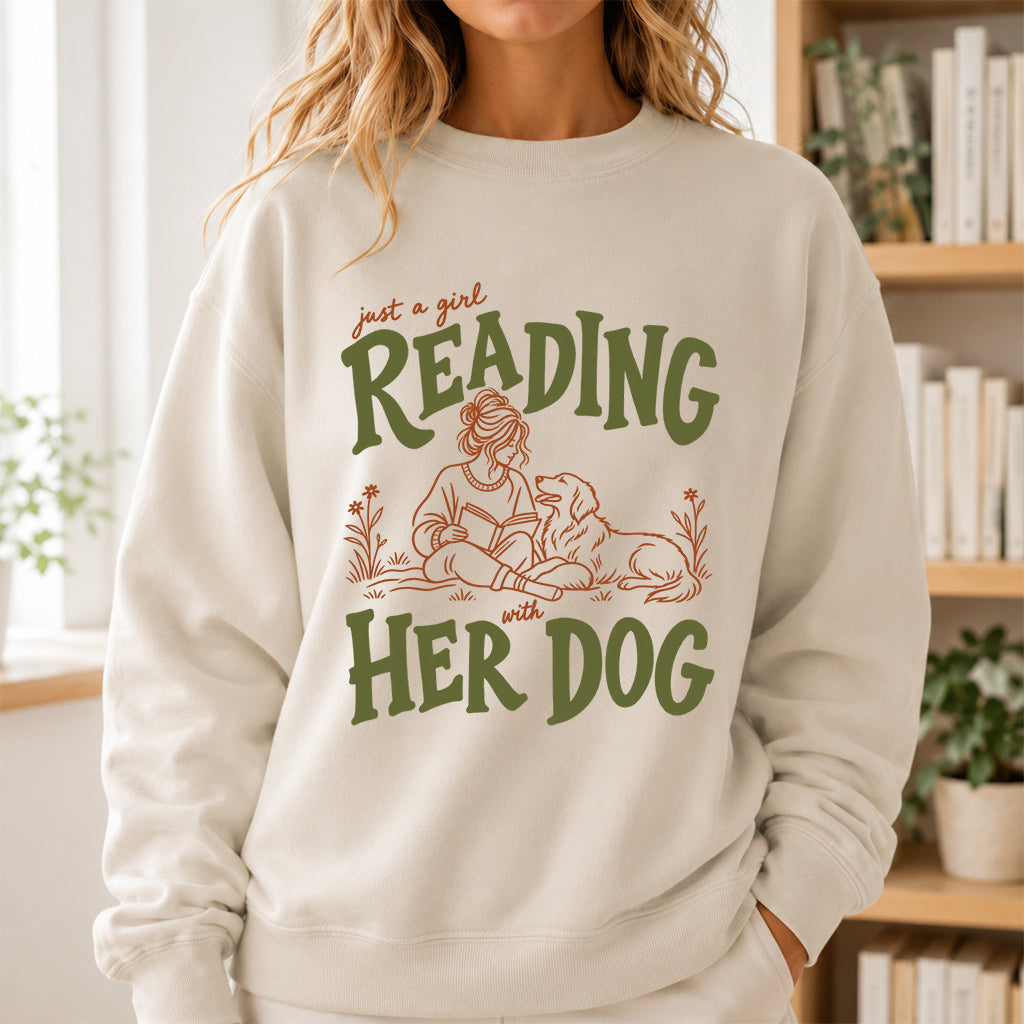 Just A Girl Reading With Her Dog Crewneck Sweatshirt | Reader Gift Sand