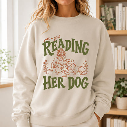 Just A Girl Reading With Her Dog Crewneck Sweatshirt | Reader Gift Sand