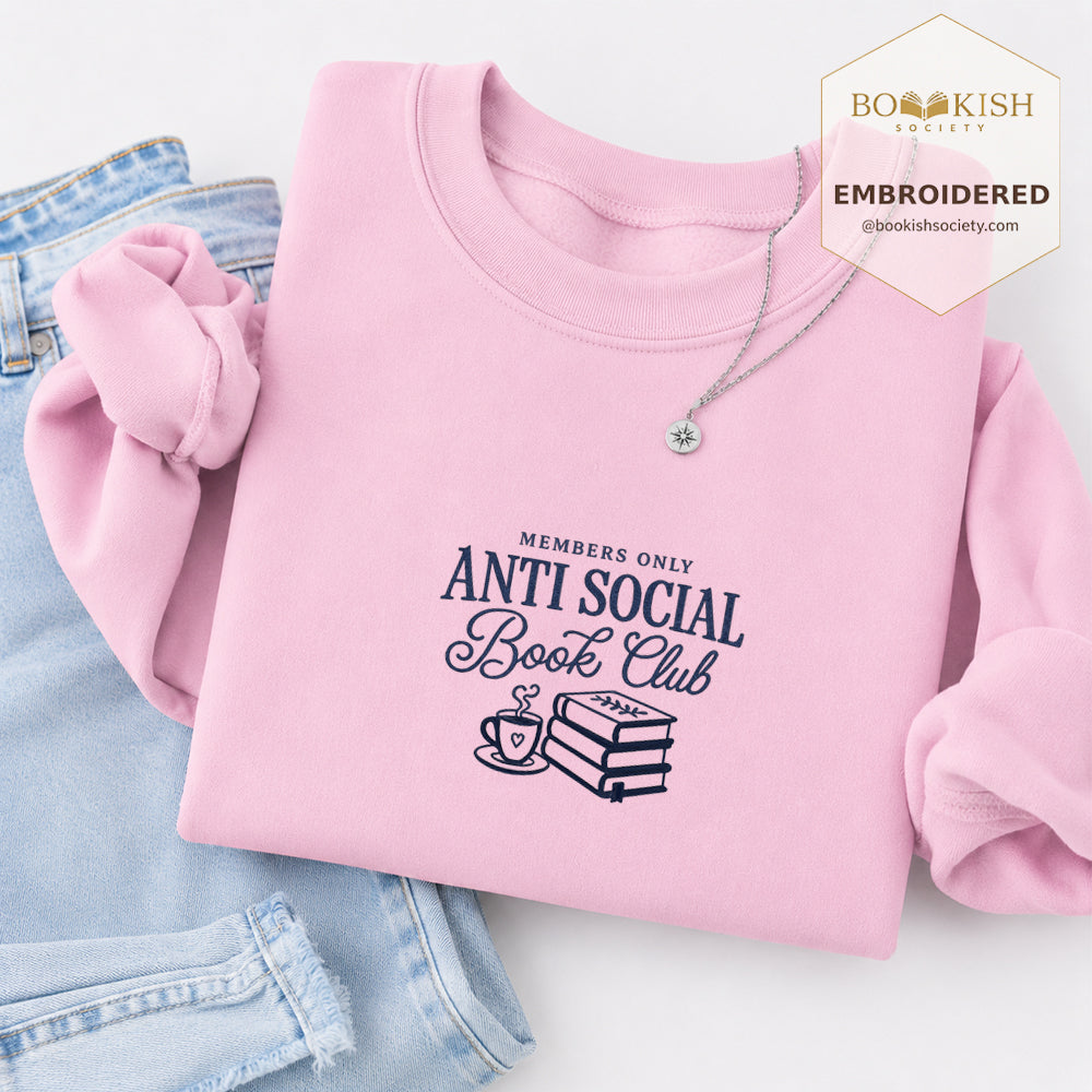 Anti-Social Book Club Embroidered Sweatshirt | Reader Gift Light Pink