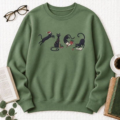 Christmas Reading Cats Softstyle Sweatshirt | Christmas Book Lover Gift Military Green