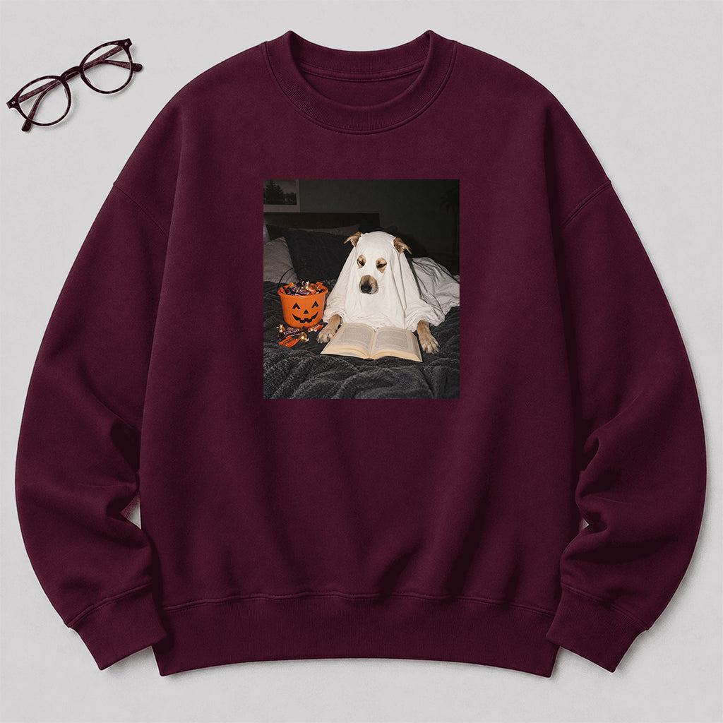 Cute Reading Ghost Dog Printed Sweatshirt | Halloween Book Lover Gift Maroon