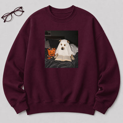 Cute Reading Ghost Dog Printed Sweatshirt | Halloween Book Lover Gift Maroon