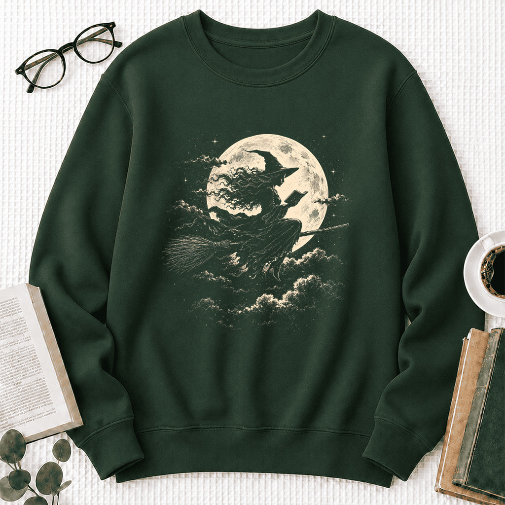 Reading Witch On The Flying Broom Printed Sweatshirt | Halloween Reader Gift Forest Green