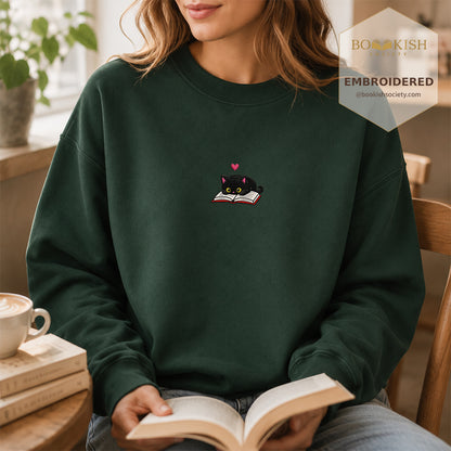 Black Cat and Book Embroidered Sweatshirt | Reader Gift Forest Green