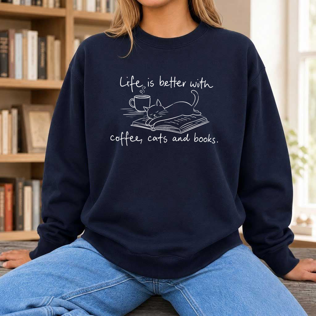 Funny Cats and Books Crewneck Sweatshirt | Reader Gift Navy