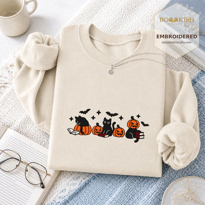 Black Cats And Halloween Embroidered Sweatshirt | Spooky Book Lover Gift Sand