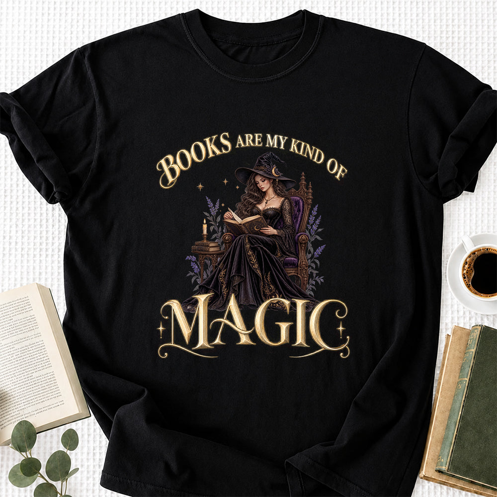 Books Are My Kind Of Magic Printed T-Shirt | Halloween Feminine Magic Reader Gift Black