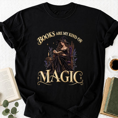Books Are My Kind Of Magic Printed T-Shirt | Halloween Feminine Magic Reader Gift Black