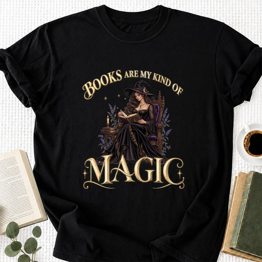 Books Are My Kind Of Magic Printed T-Shirt | Halloween Feminine Magic Reader Gift Black