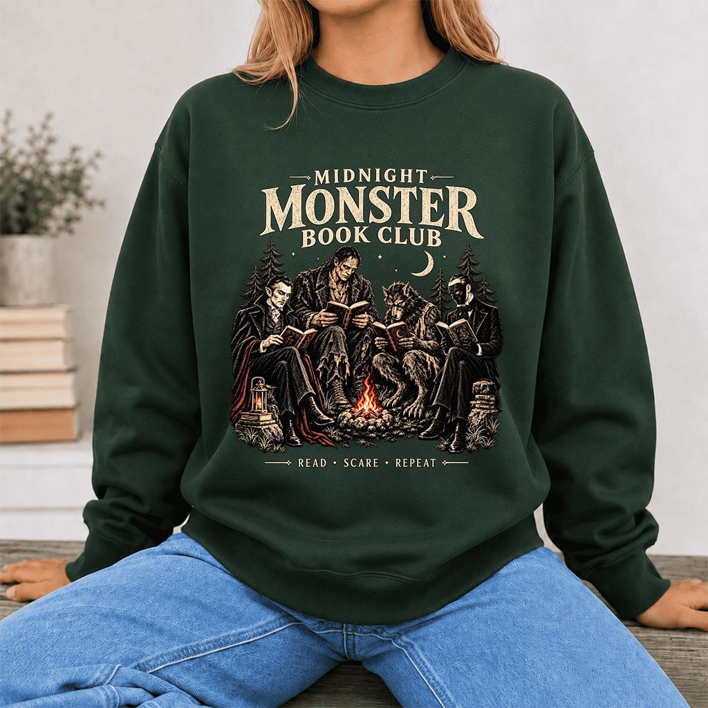 Midnight Monster Book Club Printed Sweatshirt | Halloween Book Lover Gift Forest Green