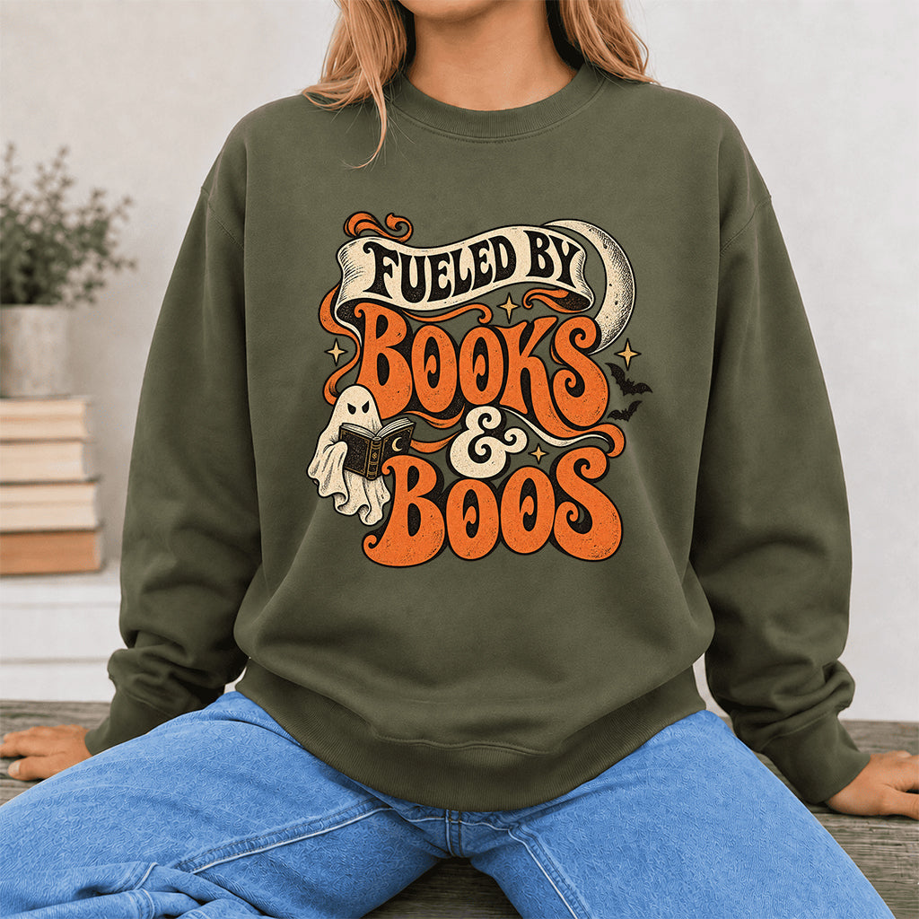 Fueled By Books & Boos Printed Sweatshirt | Halloween Book Lover Gift Military Green