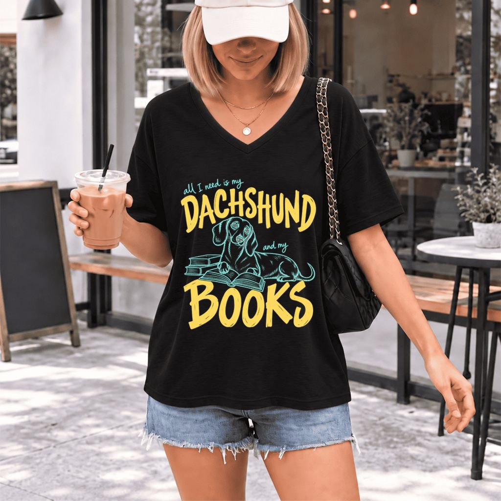 All I Need Is My Dachshund And My Books Ultra-Soft V-Neck | Dog Mom Reader Gift Black