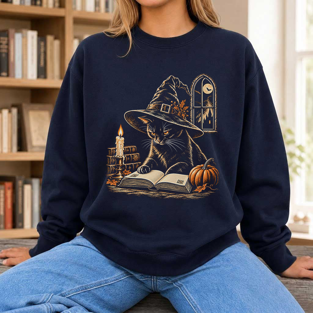 Reading Black Cat Witch Printed Sweatshirt | Halloween Book Lover Gift Navy
