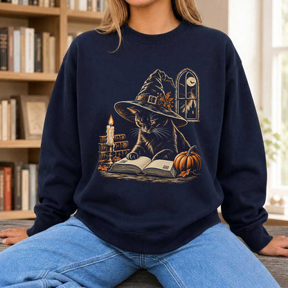 Reading Black Cat Witch Printed Sweatshirt | Halloween Book Lover Gift Navy
