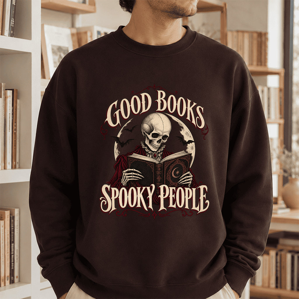 Good Books Spooky People Printed Sweatshirt | Halloween Book Lover Gift Dark Chocolate